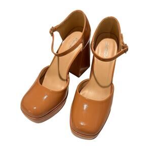 Soda Square Toe Patent Vegan Leather Mary Jane Platform Block Heels, Tan Nude, 9
